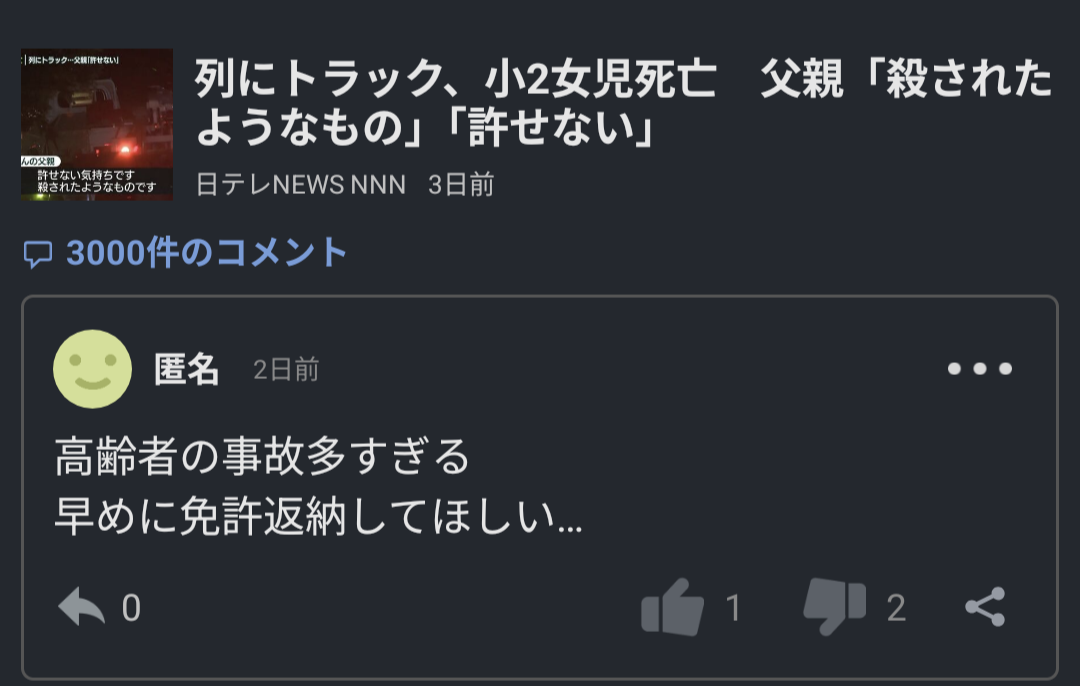 このコメントにうーんと👎押す人、高齢者による事故の被害者が出ても、増えてもいいってことなのかな？