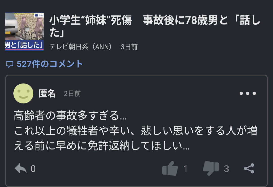 このコメントにうーんと👎押す人、高齢者による事故の被害者が出ても、増えてもいいってことなのかな？