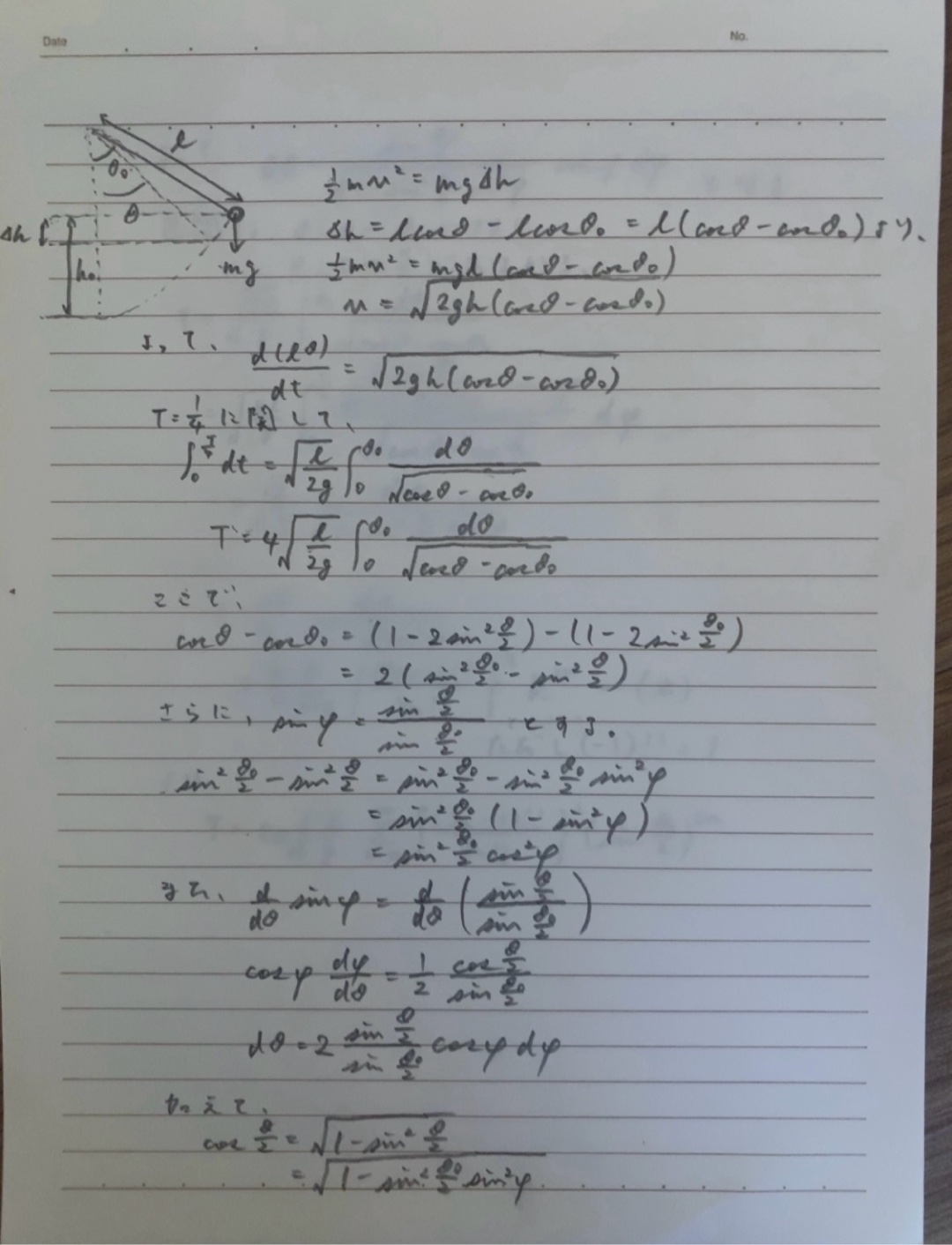 振り子の角度に依存する振り子の周期の導出方法(厳密解)^. .^ ੭

みんな1度は疑問に思ったことあるはず！！