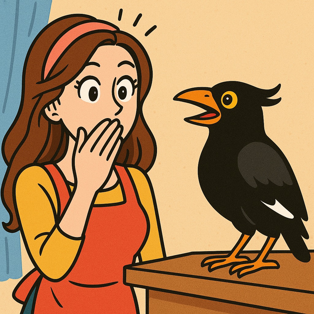 「やだぁ！うちの九官鳥、こんな言葉覚えちゃった！」九官鳥は何と言った？