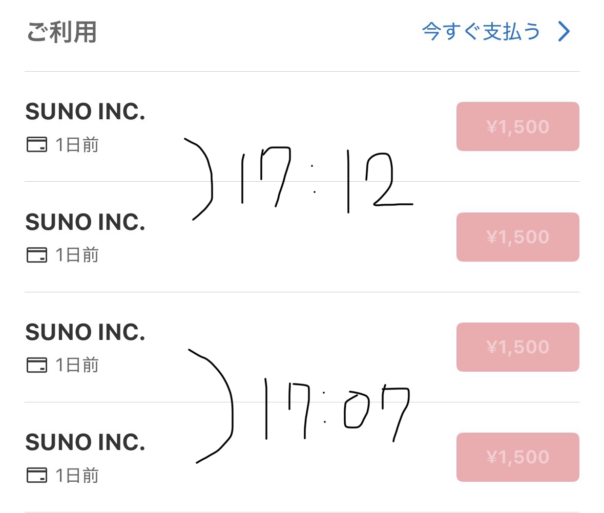 見覚えがないのにメルカードで「SUNO INC.」ってところから請求がきてた😭
