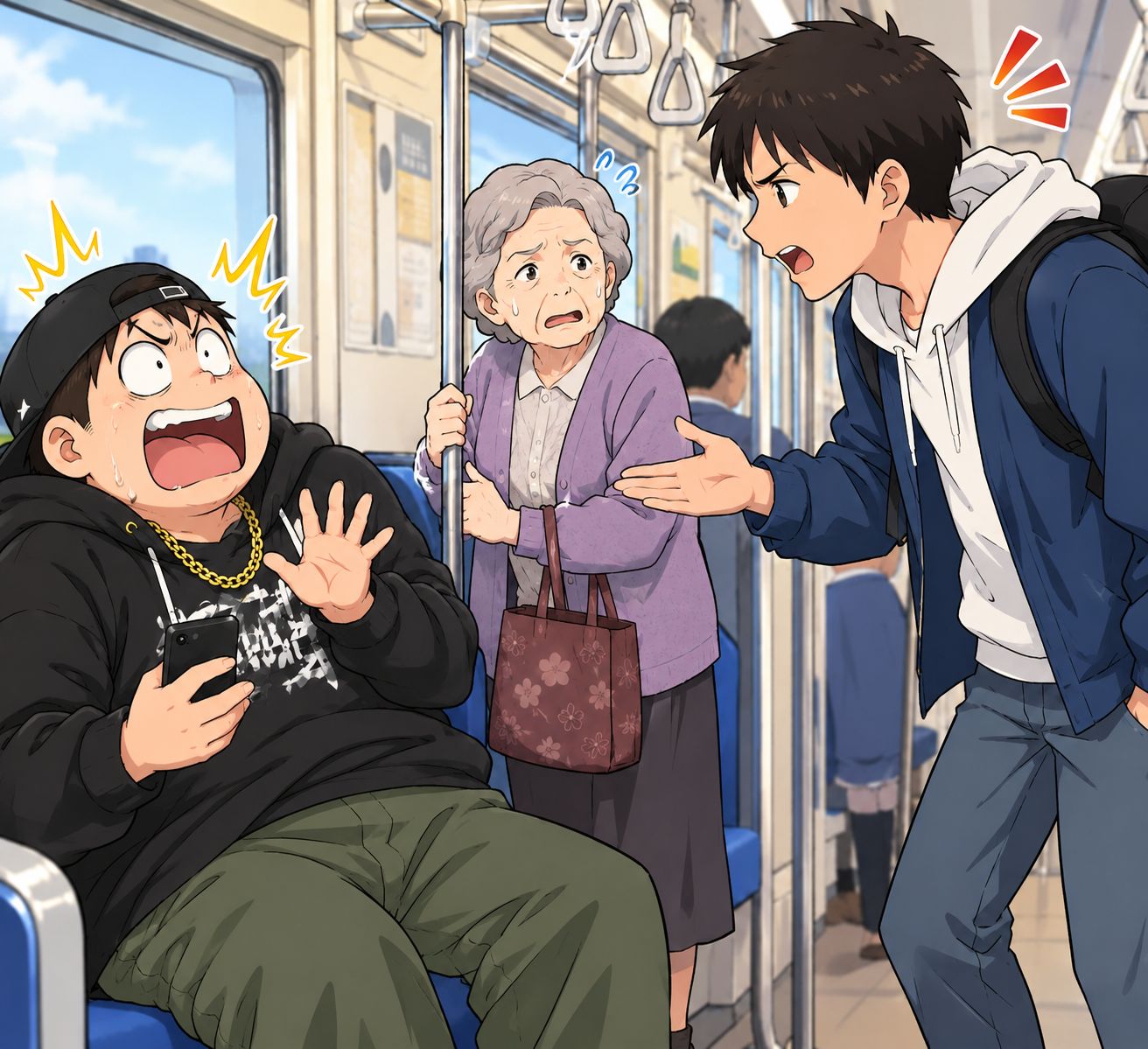 婆ちゃんに席を譲らない迷惑な若者、その時！救世主現る！好青年が若者に一言