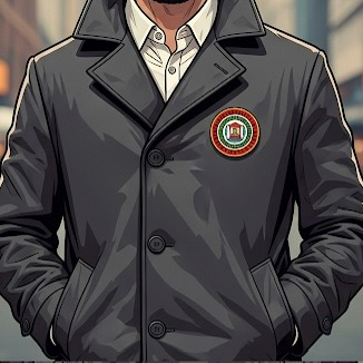 黒灰色の胸に缶バッチ付きコート