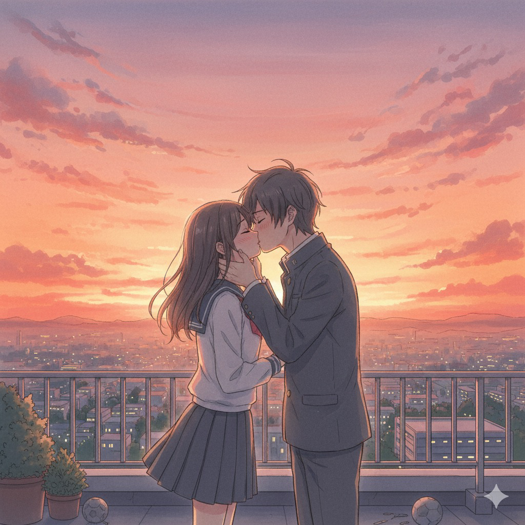 夕焼けの屋上でのキス