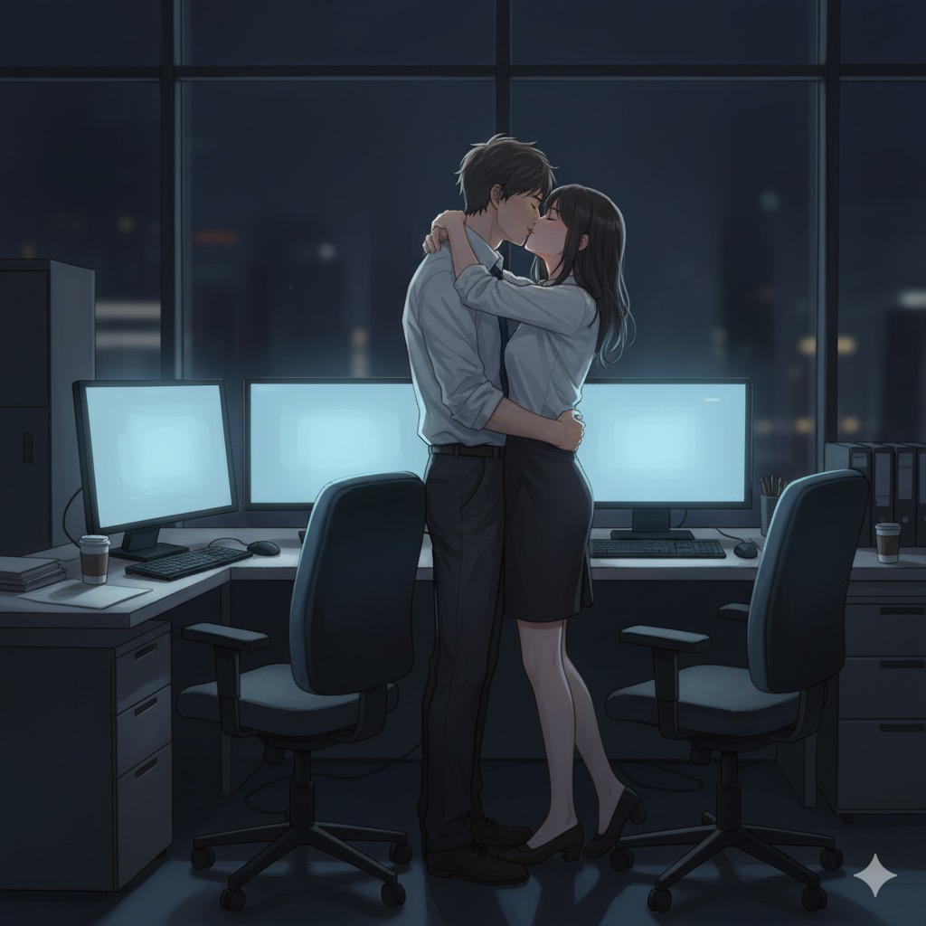 残業後のオフィスでのキス