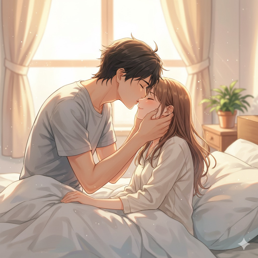 休日の自宅、朝の目覚めのキス